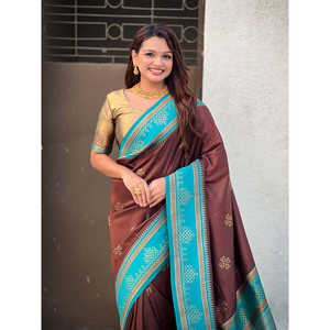 Sari de Seda Suave Tradicional Elite Weaves con Diseño de Zari en Contraste Color Café, Elegante Bufanda Color Café con Intrincado Diseño Tejido en Oro - Product Image 5