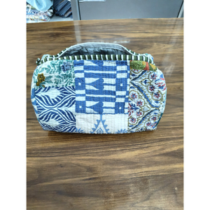 Bohemian Textile Cosmetic Bag Medium Size Zipper Closure Multi-Function Patterned Pouch Blue White Geometric Design - Product Image 3