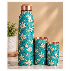 Artistic Copper Water <b>Bottle</b> with 2 Matching Cups <b>Pink</b> Floral Design Portable Drinkware Set for Travel - Product Image 4