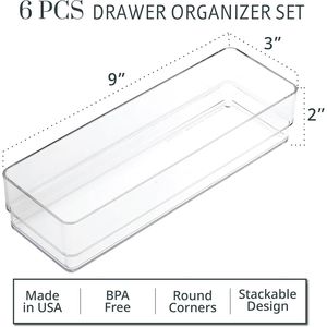 SimpleSort 6-Piece Stackable Clear Drawer Organizer Set 9\" X <b>3</b>\" X 2\" Rectangle Trays for Narrow Makeup Vanity <b>Storage</b> <b>Bins</b> - Product Image 2