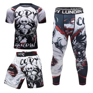 E venta al por mayor personalizado impreso Spandex Fitnes Rash Guard Set camisa de compresión de manga larga gráfico MMA Logo gimnasio Fitness Shorts - Product Image 3