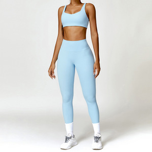 Ensemble 2 pièces taille haute élastique anti-rides effet lifting des hanches, pantalon de travail multipoches grande taille et débardeur de yoga pour femme - Product Image 2