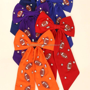 Custom Satin School Team Football Hair Bow Clip Beaded Cheer Hair Accessory in Bulk Available Orange Purple Red Blue for Parties - Product Image 1