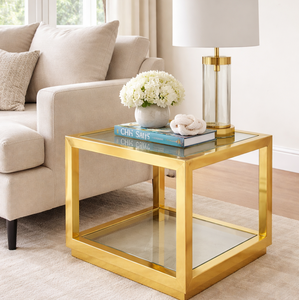 Table d'appoint carrée moderne en acier inoxydable doré de luxe avec double étagère en verre pour salon - Product Image 1