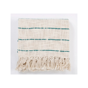 Customizable Cream Striped Linen Cotton <b>Throw</b> Blanket With Tassels Rectangular Woven Bohemian Home Decor All Season Eco-Friendly - Product Image 1