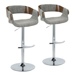 Elisa Mid Century Modern Adjustable Barstool with Swivel Chrome Metal and Walnut Wood Grey Fabric Rounded T <b>Footrest</b> - Product Image 1