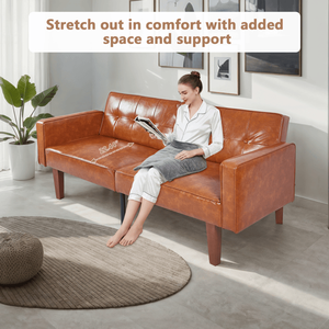 Canapé futon moderne style Mid-Century en cuir PU, inclinable et réglable, avec pieds en bois et métal, dossier capitonné, pour salon - Product Image 6