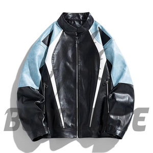 Men's Black Red PU Leather Moto <b>Biker</b> <b>Jacket</b> Stand Collar Zipper Closure Color Blocking Autumn Wear - Product Image 4