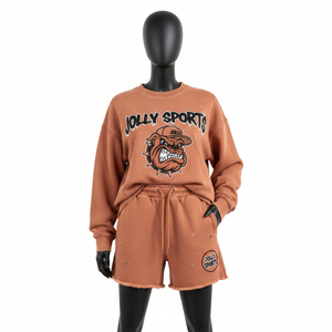 Ensemble sweat-shirt et short en molleton de coton brossé lourd pour femme, marron, avec logo graphique en relief - Product Image 6