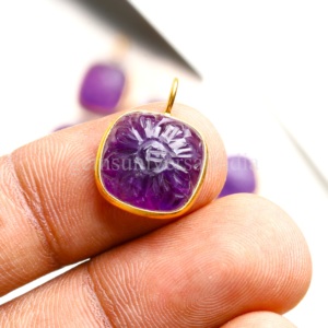 Pendentif Fleur Sculptée en Améthyste Violette Naturelle, Plaqué Or Vermeil, Argent Sterling, Bijou en Pierre Précieuse, Breloque, Pendentif Cristal de Guérison, Vente en Gros - Product Image 6