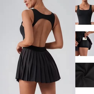 Feilin M217 Women's Spandex/Nylon Pleated One-Piece Backless Sportswear Outdoor Anti-Walk Fitness Skirt Breathable with Pockets - Product Image 5