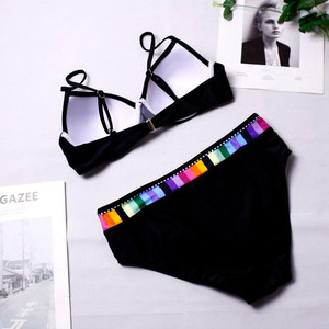 Women's Olive Green Bikini Set With <b>Rainbow</b> Stripe Contrast Binding Underwire Bra And Hipster Bottoms Stretch Spandex Nylon - Product Image 6
