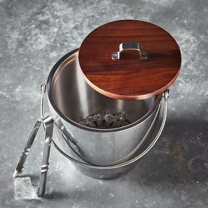 Cubo de Hielo de Acero Inoxidable con Tapa de Madera y Pinzas para Hielo, Enfriador de Bebidas Redondo Aislado - Product Image 3