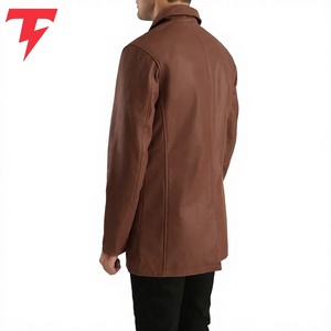Abrigo Largo de Cuero Genuino para Hombre, Cuello Vuelto, Cierre de Botón, Corte Regular, Color Marrón - Product Image 4