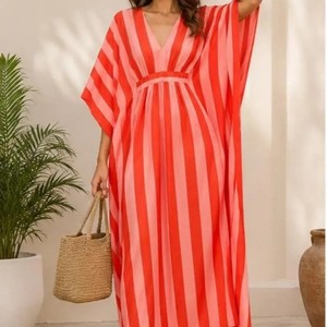 Robe longue décontractée pour femme à rayures, col rond, manches courtes, coupe ample, respirante, tissée, 100 % polyester, idéale pour l'été - Product Image 3