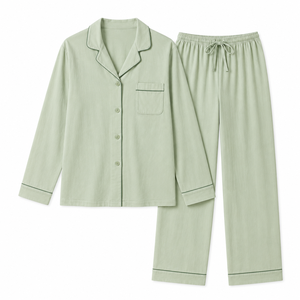 Conjunto de Pijama para Mujer, Tejido de Algodón Ecológico, Transpirable, Cuello en V, Cierre de Botones, Mangas Largas, Cintura Elástica - Product Image 2