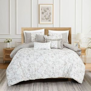 7 PCS Botanical Leaves Embroidered Comforter Set <b>Bed</b> in a Bag Print Premium Soft Comforter with Matching <b>Pillow</b> Shams - Product Image 1