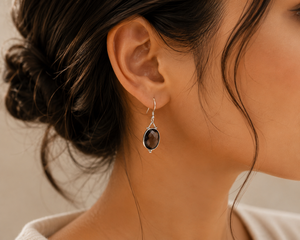 Pendientes de Plata 925 con Cuarzo Ahumado, Forma Ovalada, Engaste en Bisel, Joyería Clásica de Lujo para Mujer, Regalo de Compromiso, Fiesta, Boda - Product Image 1