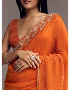 KV Women's <b>Orange</b> Organza Embellished Designer <b>Saree</b> with Unstitched Blouse - Product Image 5