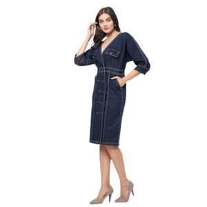 Robe en jean pour femme, coupe trapèze, en coton premium, vêtements décontractés, fournisseur OEM ODM, vente en gros - Product Image 3