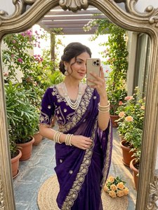 Sari en satin Royal Fendy brodé, sari élégant en satin avec travail de sequins, sari de créateur Fendy en satin au look riche, sari de luxe en satin avec travail Jaal - Product Image 2