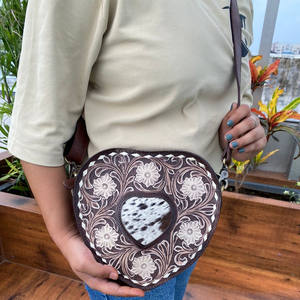 Best Seller Hair on Tooled Leather Heart Shaped Crossbody Bag for Women's Western Genuine Leather Floral Purse Cowhide Handbags - Product Image 2