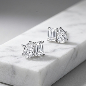 10k 14k 18k White Gold Toi Et Moi <b>Stud</b> Earrings Pear Cut and <b>Emerald</b> Cut Lab Grown Diamonds Two Stone Daily Wear Simple Earrings - Product Image 2