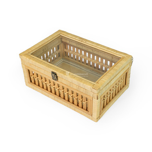 <b>Woven</b> rattan organizer Box Storage <b>Basket</b> with Glass Lid, Eco Friendly Home Sundries Container Viettimecraft Wholesale - Product Image 2