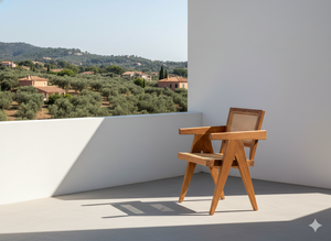 Chaise de salle à manger moderne en bois massif avec assise et dossier en rotin écologique, accoudoirs durables pour la maison, le restaurant, le bar, la villa - Product Image 6