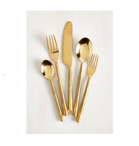 Luxury Gold Silverware Set - 5-Piece Handcrafted Textured Cutlery Including Knife, <b>Forks</b> & Spoons, Antique Gold Satin Finish - Product Image 1