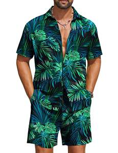 Chemise à manches courtes à col boutonné et imprimé feuilles de palmier tropicales bleu-vert pour homme, ensemble 2 pièces avec short assorti, tenue hawaïenne décontractée - Product Image 2