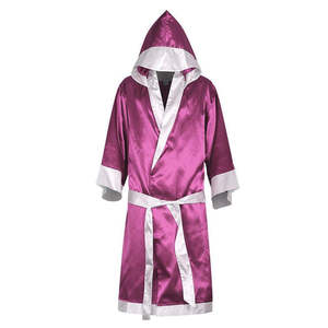 <b>Pink</b> <b>Satin</b> Hooded <b>Robe</b> With White Trim And Belt For Women And Men All Seasons Wear Comfortable Polyester Material Boxing <b>Robes</b> - Product Image 2