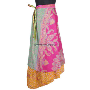 New Latest Design Wrap Around <b>Skirts</b> Women Wear Vintage Silk Sari <b>Long</b> Length Wrap Around <b>Skirt</b> 2 Layer Reversible Cover up Wear - Product Image 3