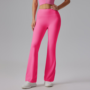 Pink High Waist <b>Flared</b> Leg <b>Yoga</b> <b>Leggings</b> Full Length Seamless Four Way Stretch Activewear Women's Fitness Pants - Product Image 2