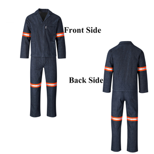 Men's Cotton Work Coverall Reflective Safety Uniform Dark Blue Long Sleeve with Orange Stripes for Construction and Industrial - Product Image 4
