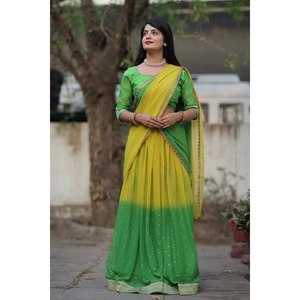 DERNIÈRE GEORGETTE FOIL TRAVAIL LEHENGA CHOLI AVEC DUPATTA JAUNE - Product Image 1