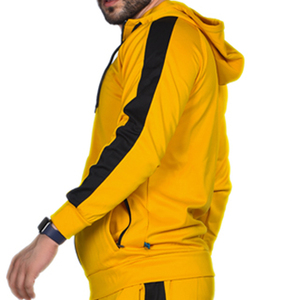 Survêtement réversible personnalisé pour homme en coton 100% jaune |   Ensemble jogging avec sweat à capuche à fermeture éclair intégrale et bande latérale noire |   Ensemble de survêtement streetwear - Product Image 4
