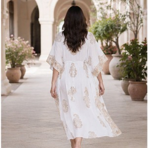 Caftán de Algodón con Estampado Paisley Color Marfil, Hecho a Mano, Elegante y Transpirable para Damas, Ideal para el Verano, Ocio y Club, Suministro ODM - Product Image 5
