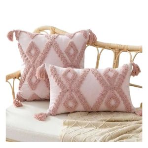 Cojines Decorativos Bohemios de Algodón Bordado con Patrón Geométrico, Rectangulares, Color Rosa, con Borlas, para Sala de Estar y Sofá - Product Image 1