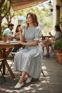 Robe midi vintage à imprimé floral, col montant, manches bouffantes, coupe trapèze, taille élastique, en coton bambou tissé respirant, robe d'été décontractée - Product Image 2