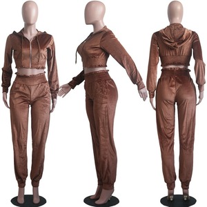 Women Black Velvet Tracksuit Set Hooded <b>Zipper</b> Crop <b>Top</b> Jogger Pants Full Sleeve Casual Autumn Wear Solid Color Breathable - Product Image 2