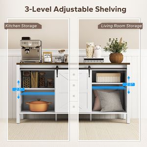 Credenza Rustica Artigianale con Piano Spesso, 2 Ante Scorrevoli, 4 Cassetti, 2 Ripiani Regolabili, Bianca, per Sala da Pranzo - Product Image 6