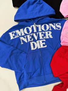 Custom OEM Heavyweight French Terry Zip Up <b>Rhinestone</b> Embroidery Oversized Hoodie Men Streetwear Sweatshirt <b>Jacket</b> - Product Image 3