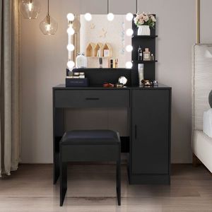 FCH Grand ensemble coiffeuse avec 10 ampoules LED, tabouret rembourré, 3 étagères de rangement, 1 tiroir, 1 armoire - Product Image 1