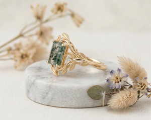 Anillo de Ágata Musgo Esmeralda con Halo Oculto DEF VVS, Joyería Nupcial de Lujo Inspirada en Hojas, Regalo de Compromiso, Éxito de Ventas 2026 - Product Image 2