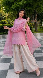 <b>Women</b> Traditional Silk Wrinkle Free All Seasons <b>Kurta</b> Set Embroidered Heart Design Pink Top Cream Farshi Salwar Dupatta Casual - Product Image 2