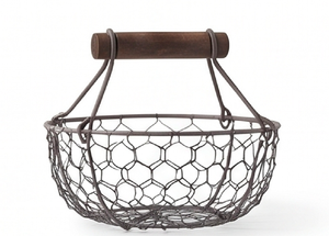 Rustic Wire Storage <b>Basket</b> With Wooden Handle Round Shape For Kitchen Use Durable Metal Mesh Design Single Tier Standalone Rack - Product Image 4