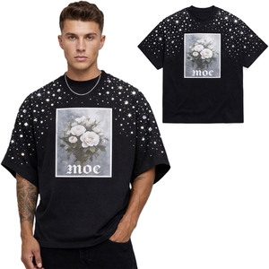 Customized Vintage Graphic Men's shirts Rhinestone Oversized 100%Cotton 280gsm T Shirt Floral <b>Hip</b> Hop Streetwear Manufacturer - Product Image 1