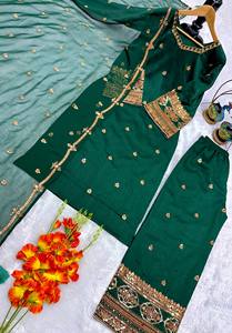 Elegant Dark Green Embroidered <b>Kurti</b> Palazzo Set with Dupatta for Women Designer Party Wear Ethnic Suit with Zari & Thread Work - Product Image 5