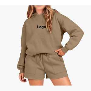 ชุดเซ็ตฮู้ดดี้ผ้าฝ้าย 100% คุณภาพสูง พิมพ์โลโก้ตามสั่ง สำหรับผู้หญิง ใส่เล่นกีฬาหรือใส่ลำลองในฤดูร้อน - Product Image 2